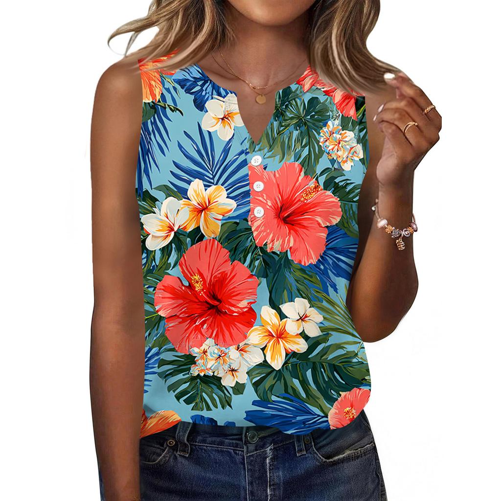 Women's Fashionable Casual Hawaiian Print Sleeveless Button Vest Top