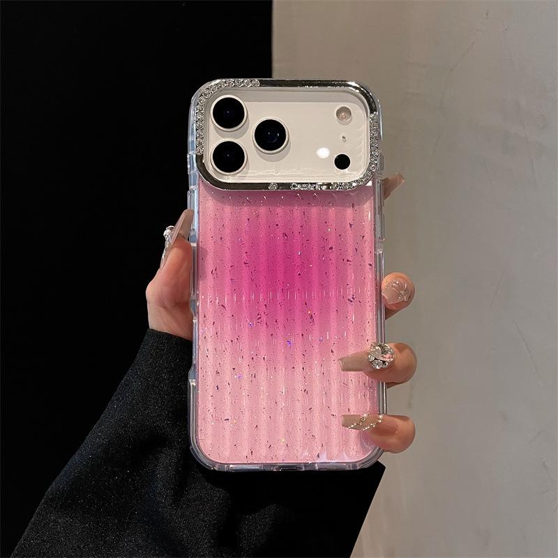 Gradient Gold Foil Rhinestone Lens Phone Case for iPhone 13/16 Pro Max, Corrugated Stripe Design. 16promax(without packaging)
