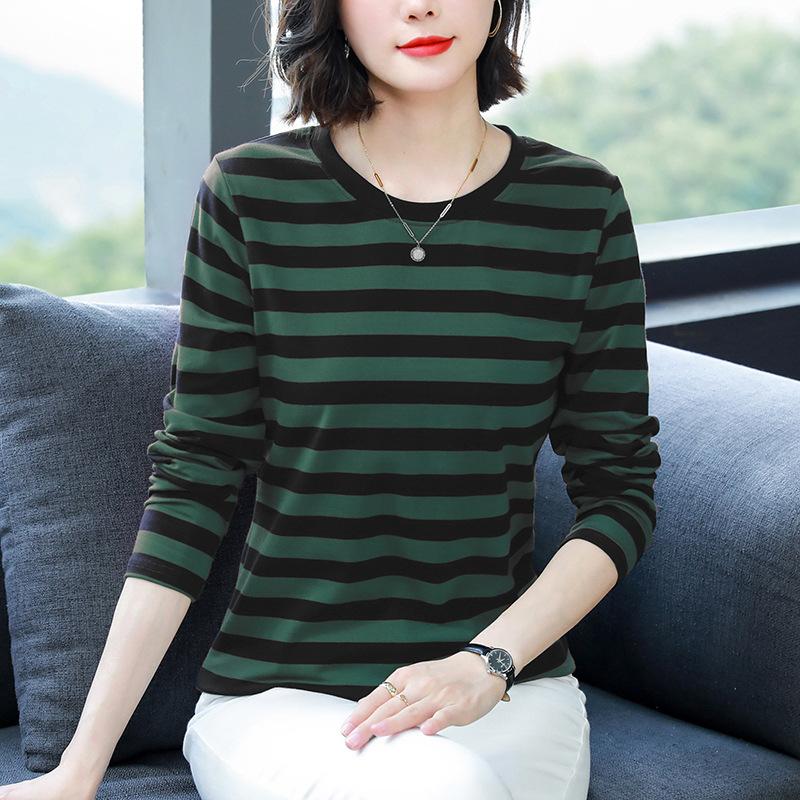Women Plus Size Striped Long Sleeve T-Shirt O-Neck Cotton Loose Casual Fall Basic Base Top M-5XL
