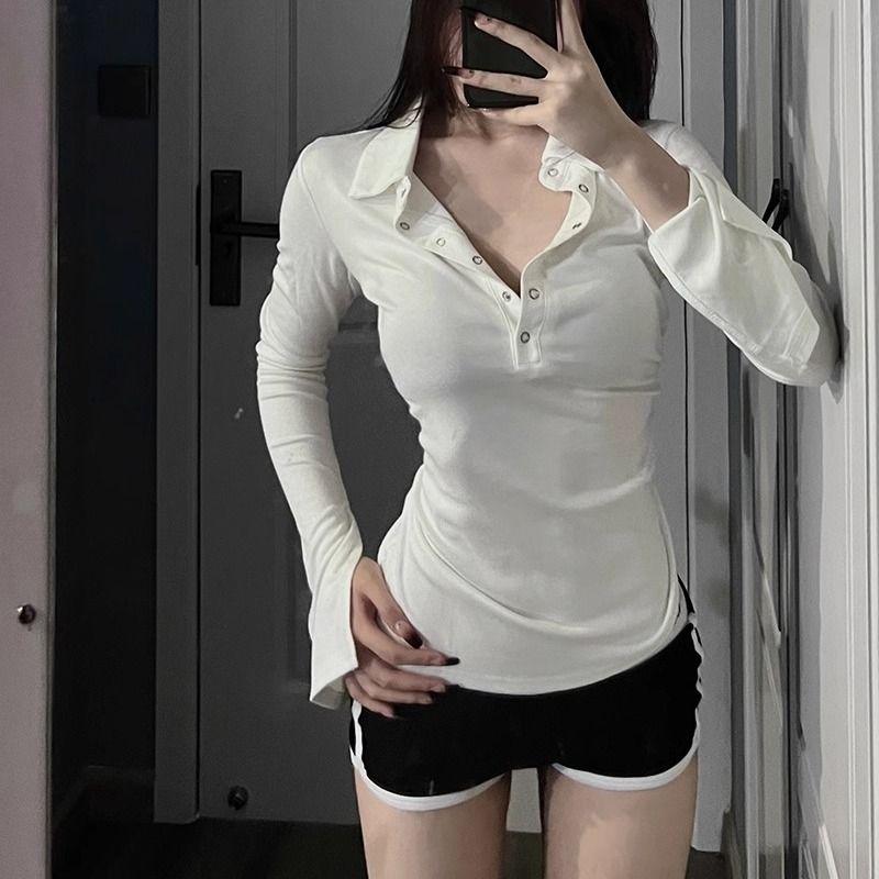 Women Korean Sexy Y2K Skinny Long Sleeve Polo Collar Button T-shirt Autumn Winter Fashion Solid Basic Tops Female Clothing