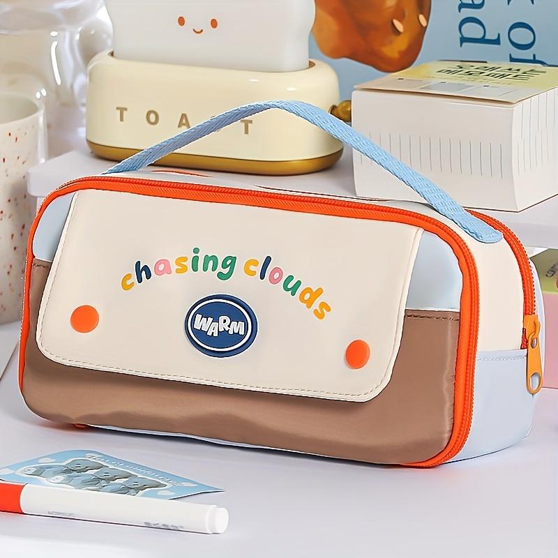 Fashionable Dopamine Contrast Color Pencil Case Handheld Large Capacity Multi-functional Student Stationery Bag Layered Design синий