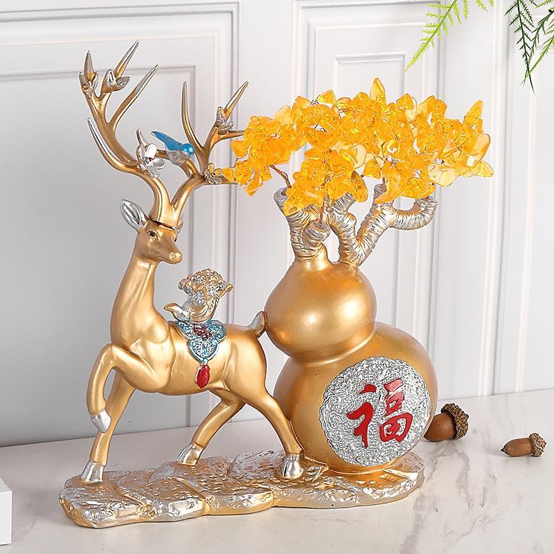 Crystal Wealth Tree Lucky Gourd Apple Elk Deer Resin Ornament Home Foyer Living Room Furnishing Crafts Office Desktop Decoration