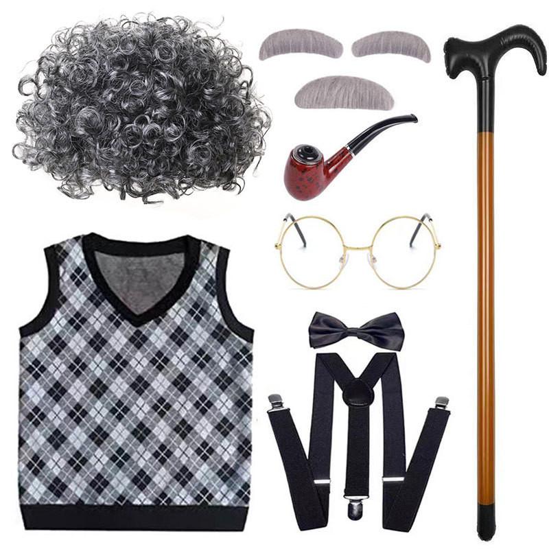 Classic Grandfather Costume Wig Set Featuring Short Soft Curly Hair And Stylish Vest For Kids
