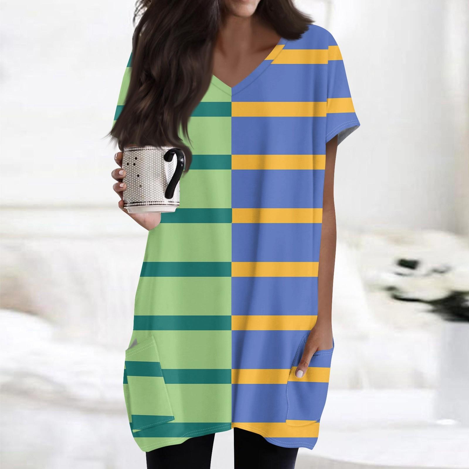 

Женские топы с V-образным вырезом, блузки с коротким рукавом, повседневные рубашки средней длины, модные туники с принтом и карманами XXL зелёный