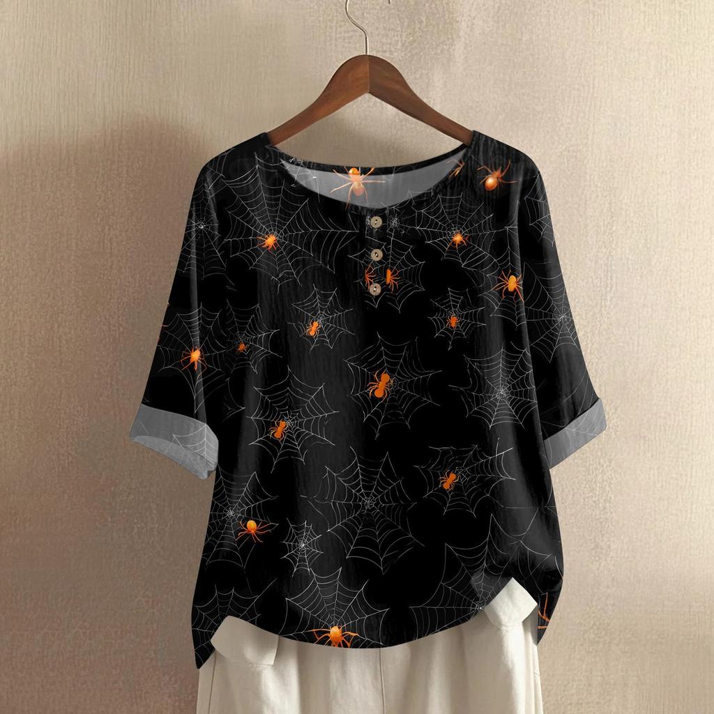 Damen Modisches Und Lässiges Shirt Halbarm Rundhals Print Baumwolle Und Leinen Bluse Top