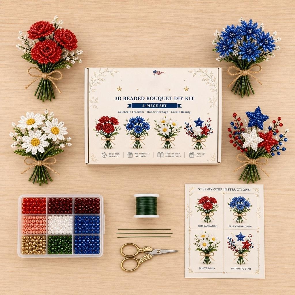 Kit Fai da Te Bouquet di Fiori con Perline 3D Set di 4 Pezzi per Creazioni Floreali Artigianali e Progetti Patriottici per la Decorazione della Casa