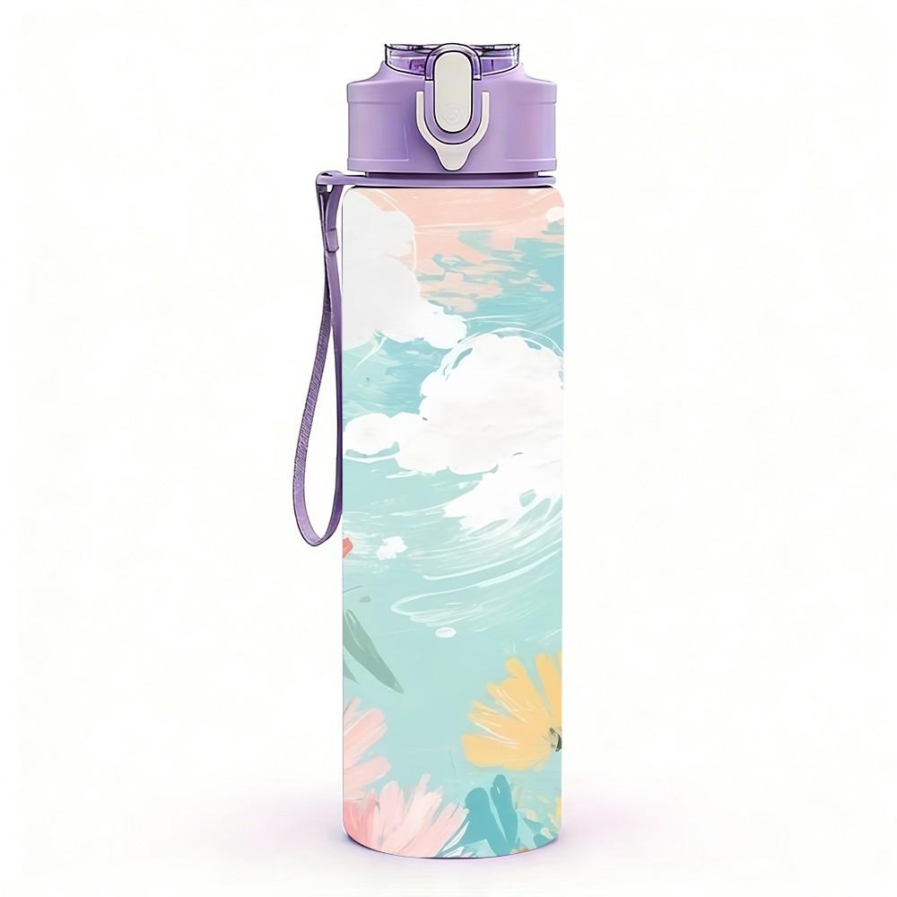 1PC Soft Sky Cloud Pastel Floral Print 750ml Color Plastic Sports Water Bottle Leakproof Flip Straw Lid Suitable for Sports Office Home Use