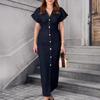 Women's Maxi Denim Dress Button Down Short Sleeve Long Jean Dress