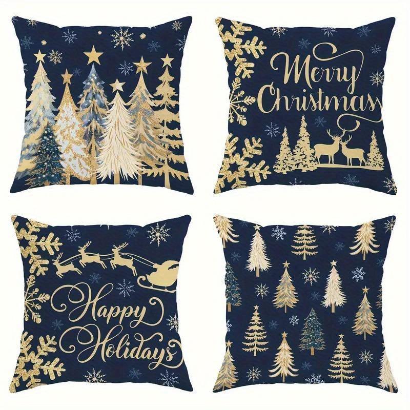 Dark blue background with gold jewelry, Christmas tree snowflake elk Christmas pillowcase 2d flat printing 16x16Inch