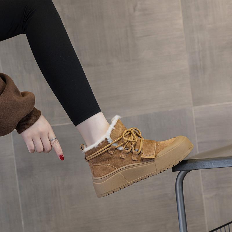 Fur Integrated Snow Boots Women's Winter Warm Velvet Short Boots Thick Sole Non-slip Fashion Leather High-top Cotton Shoes