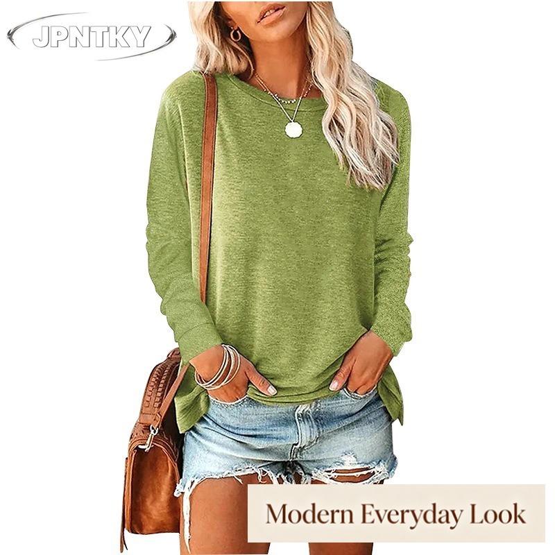 JPNTKY Women's Fashion Casual Solid Color Print O-Neck Long Sleeve Blouses & Shirts
