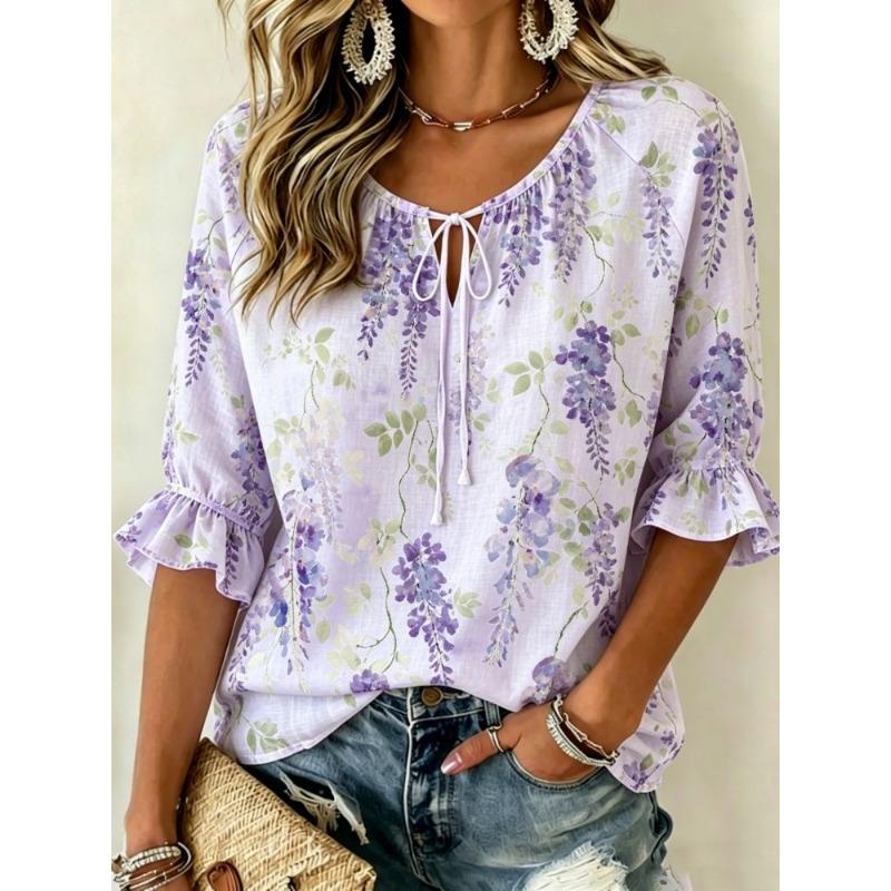 Women's Light Grey Purple Iris Palm Leaf Floral Print Tie V Neck Ruffle 3/4 Sleeve Elegant Soft Spring Blouse
