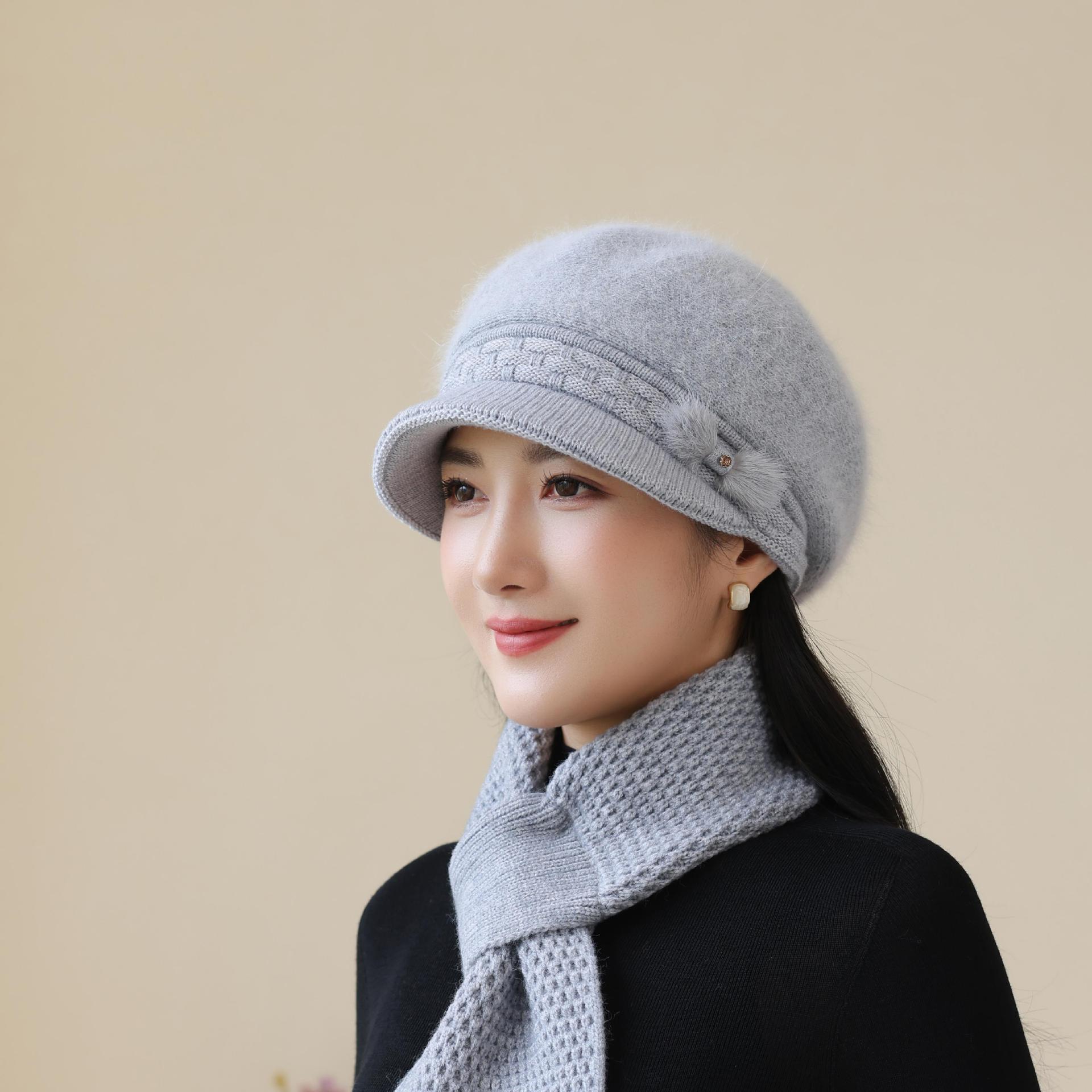 

Autumn and Winter Hats for Middle aged and Elderly Mothers Thickened Warm Woolen Hats Grandma Rabbit Fur Western Style Cold Proof Knitted Hats one size
