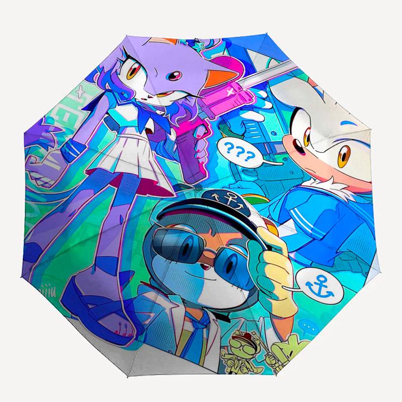 1pc Sonic, Tails, and Knuckles: Automatic Opening/Closing Outdoor Umbrella with Portable 3-Fold Design, 8-Bone Iron Frame - Outdoor for Fans, Tra