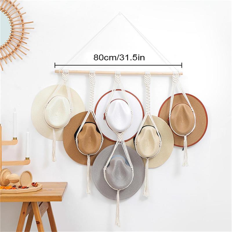 Nordic Boho Cotton Rope Hanging Hat Organizer Display Rack Cap Holder Scarf Hanger Macrame Home Wall Decor
