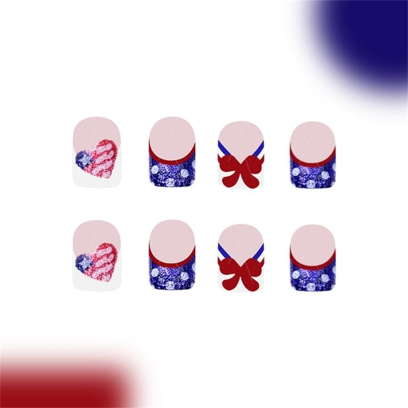 48 Pcs 4th of July Artificial Nail Short Full Cover False Nail Glittering Stick on Nail French Tip Press On Nail
