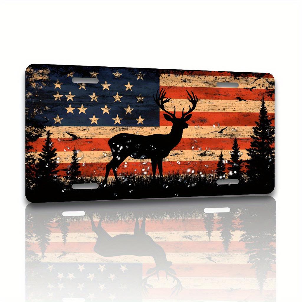 D Flat Patriotic Deer Brand Frame Aluminum Decorative Cover Plate with American Flag and Pine Trees for Men and Women