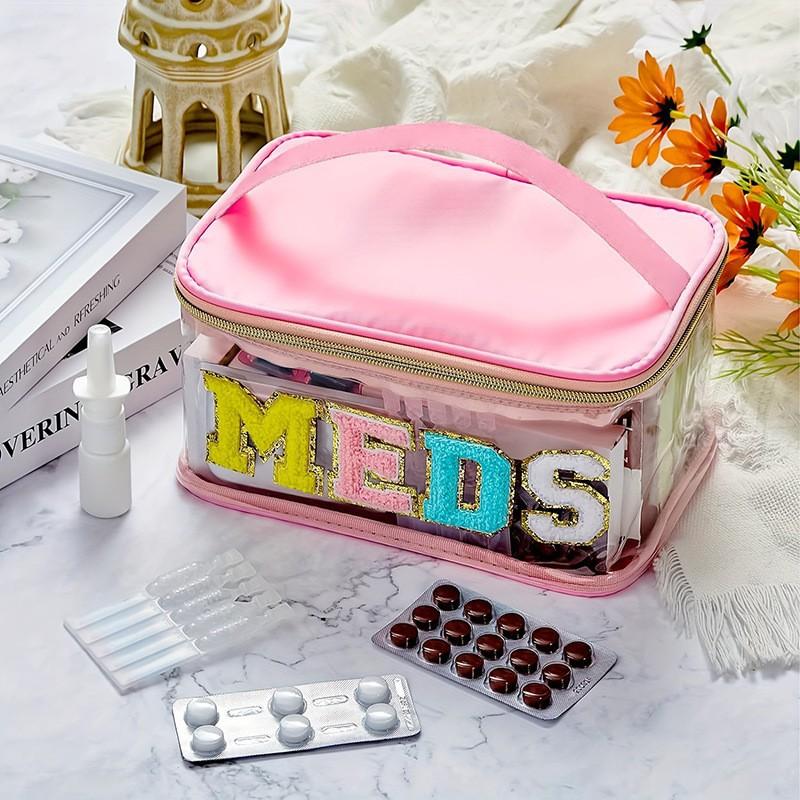 Fashion PVC Chenille Letter MEDS Makeup Bag - Portable Travel Toiletry Organizer with Large Capacity and Zipper Closure