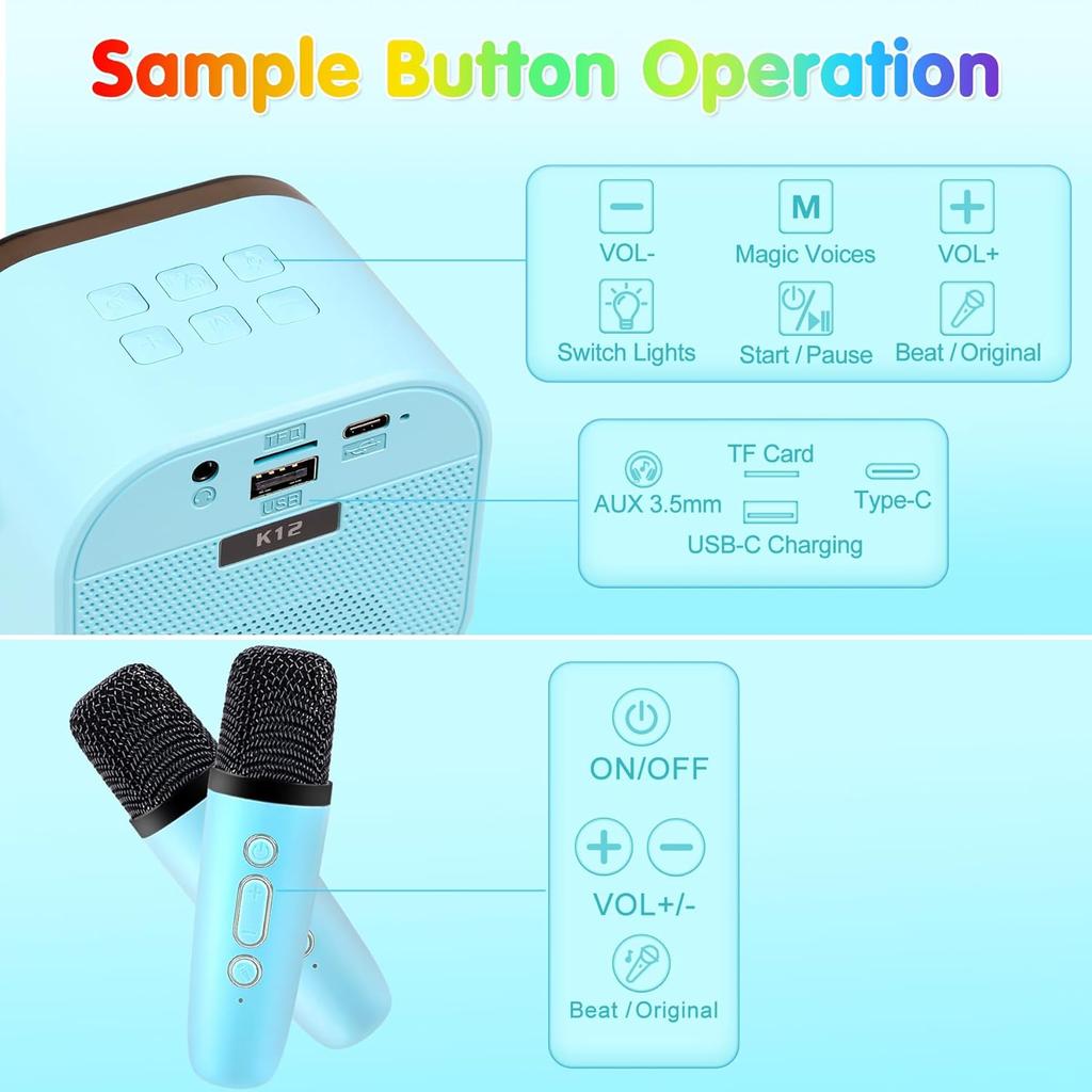 Mini Karaoke Machine,Portable Bluetooth Speaker with 2 Wireless Microphone for Kids Adults with Led Lights,Christmas Birthday Gifts for Girls Ages