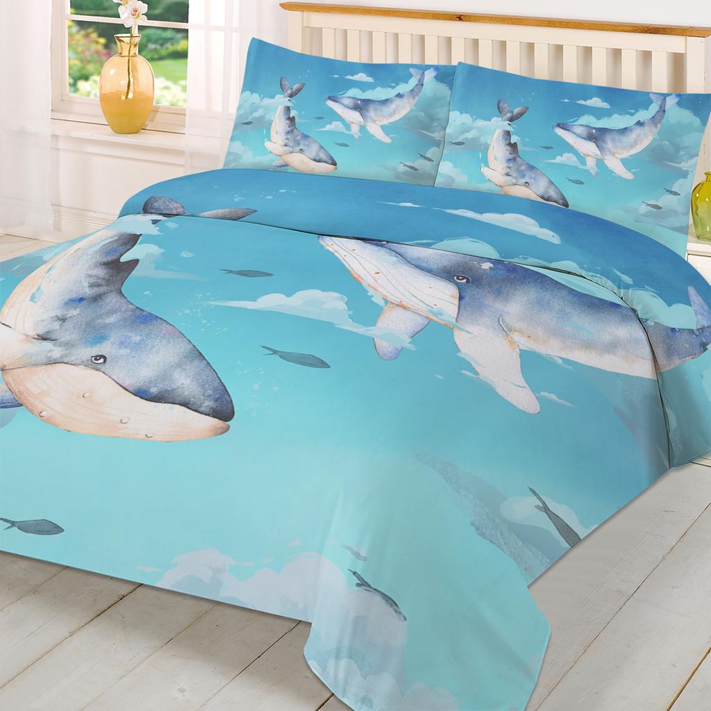 Cartoon Whale Fish Cloud Sky Watercolor Duvet Cover With Pillow Case Custom 3pcs Bedding Set Quilt Cover Double Bed Home Textile