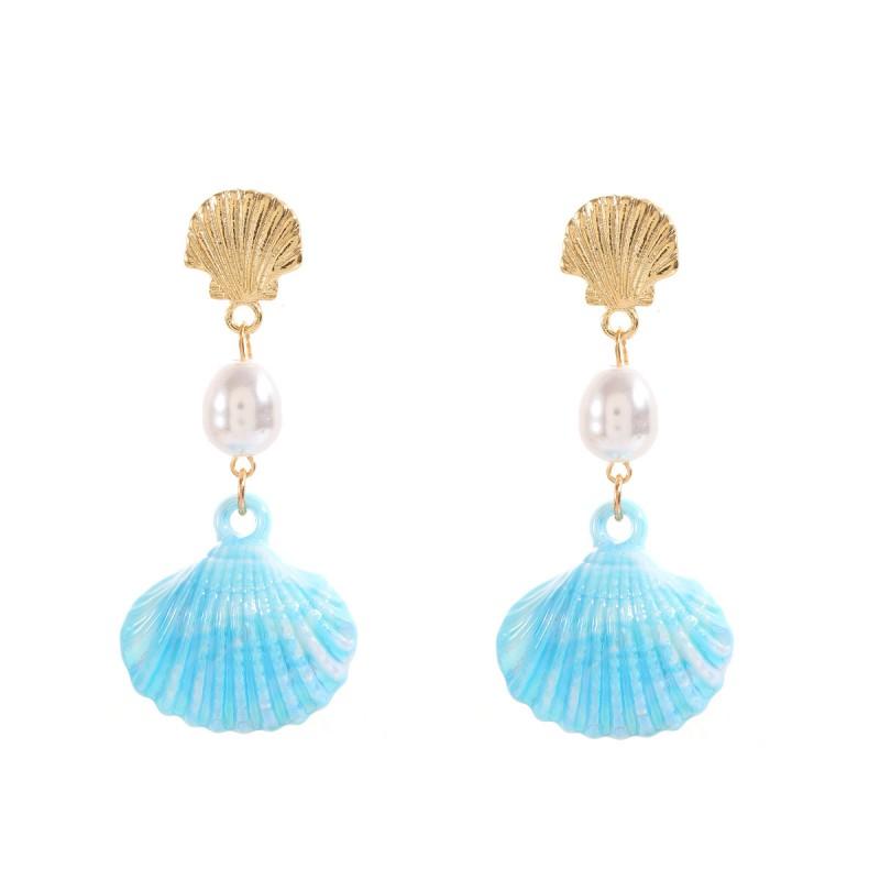 Boho Style Layered Gradient Earrings With Shell Pendant Women Plastic Resin Geometric Drop Blue