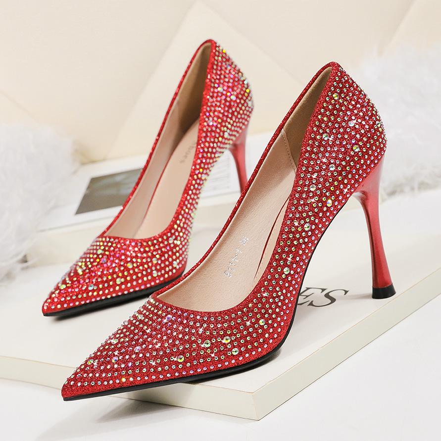 Fashion Point-toe Women's Sandals Nightclub Show Thin Stiletto Women's Single Shoes Rhinestone Sequin High-heeled Shoes
