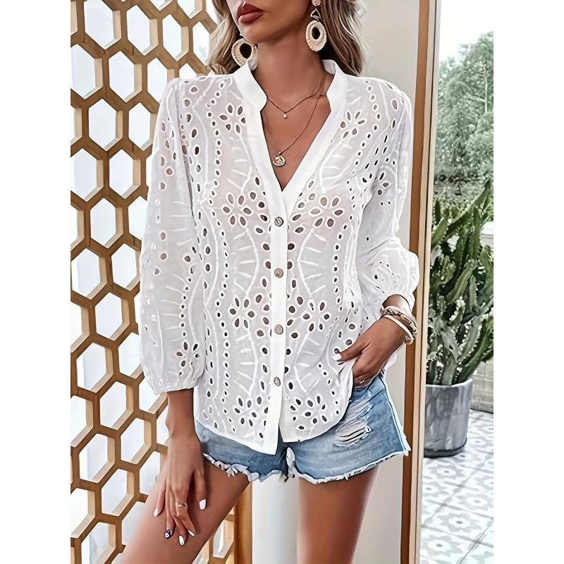 2026 Spring and Autumn Versatile Commuting Fashion Lace Hollow Long Sleeve Women s Casual Shirt S белый
