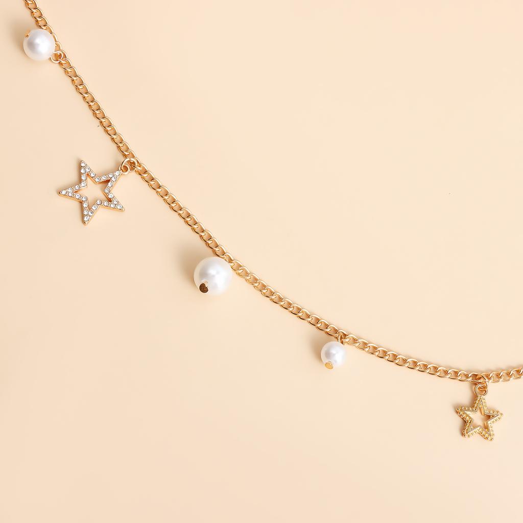 Fashion sweet and cool single-layer imitation pearl five-pointed star pendant waist chain, versatile and simple body chain