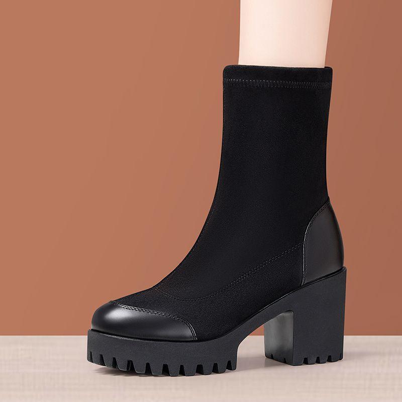 8cm 10cm Small Size 33-43 Flexible Stretch Boots Women's Platform Shoes Fall Winter 2025 Block High Heels Ankle Boots with Fur