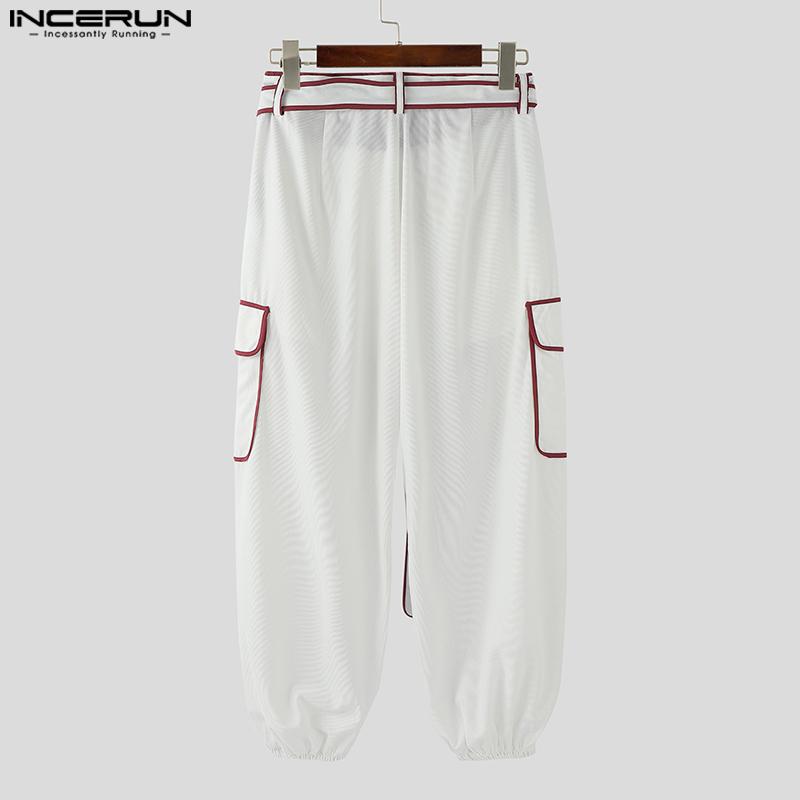 INCERUN Men Zip-up Waist Belt Casual Stitching Thin Harem Pants with Pockets