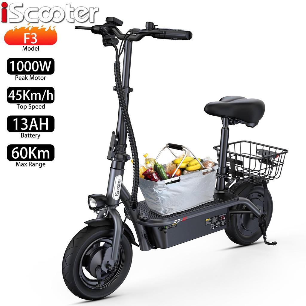 Elektrická kolobežka s košíkom iScooter F3 10" 1000W Motor Elektrická kolobežka Dospelý Maximálna rýchlosť 45Km/h 48V 13AH Dojazd 60Km Nosnosť 120Kg Čierna