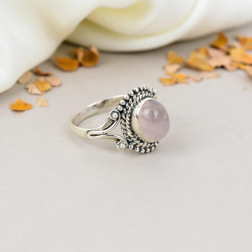 Rose Quartz 925 Sterling Silver Pink Gemstone Handmade Jewelry Bohemian Style Ring For Women
