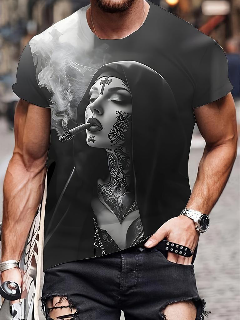 Men's  with Smoking Nun 3D Graphic T-Shirt Black Casual Summer Tee Short Sleeves Polyester  Streetwear T-Shirts Vintage Clothing