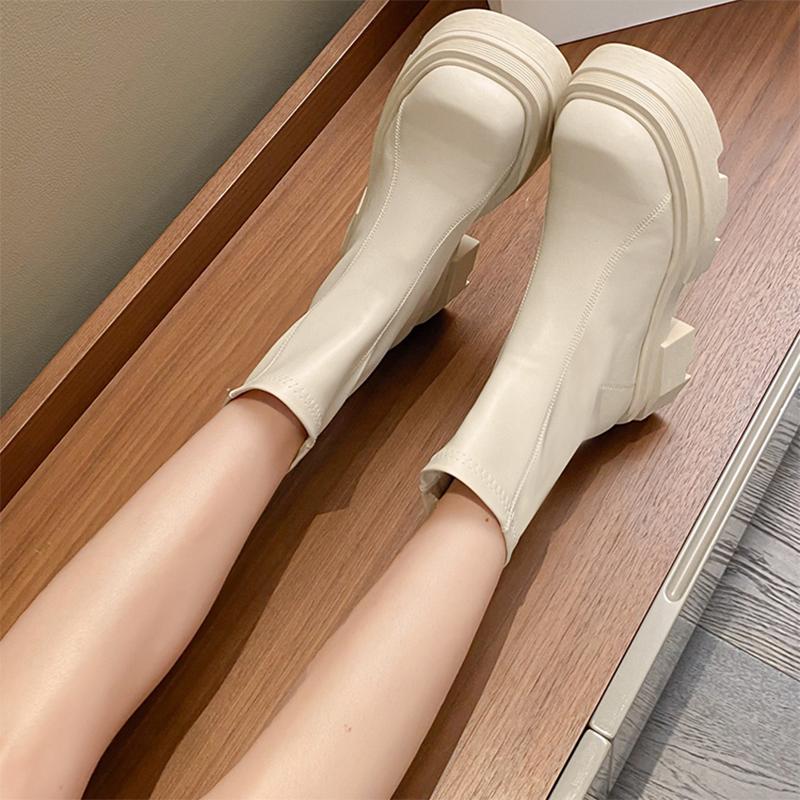 Mode Herbst Winter Damen Chelsea Boots Elegant Dicke Absätze Elastische Schlanke Schuhe Modern Kurze Stiefel Für Damen