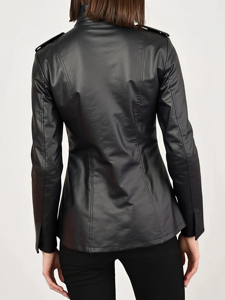 Women's Gothic PU Leather Jacket: Distressed, Trendy, Stand Collar, Long Sleeve.