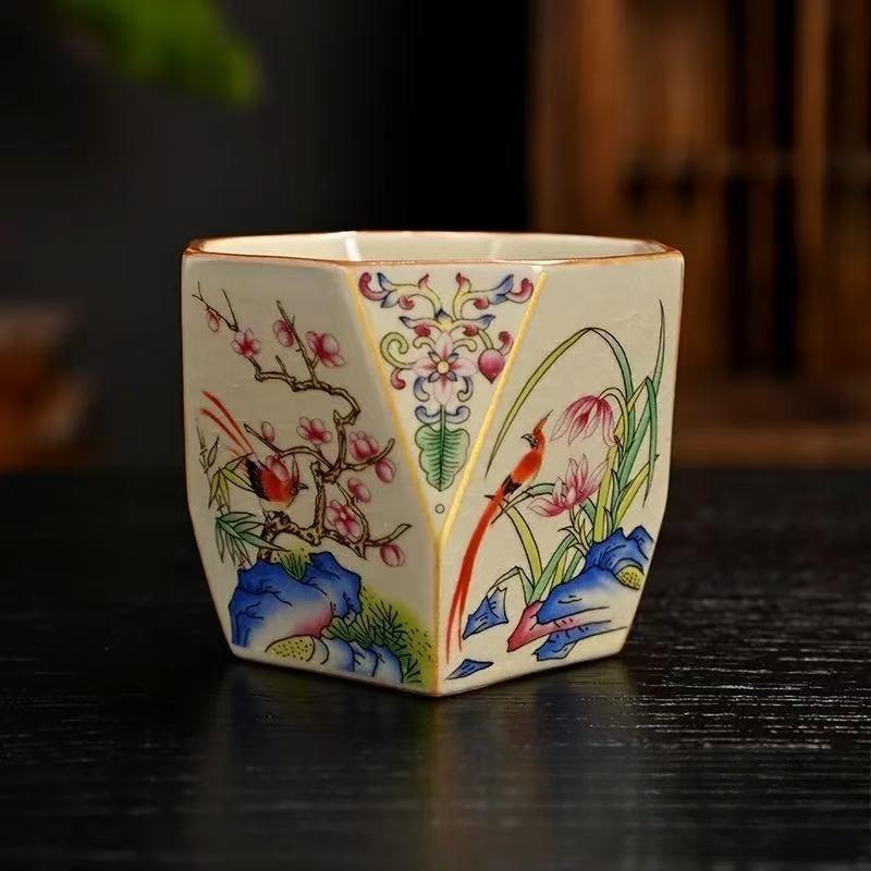 Ru kiln teacup twisted branch lotus auspicious eight square cup retro big rooster teacup master cup single cup ceramic cup