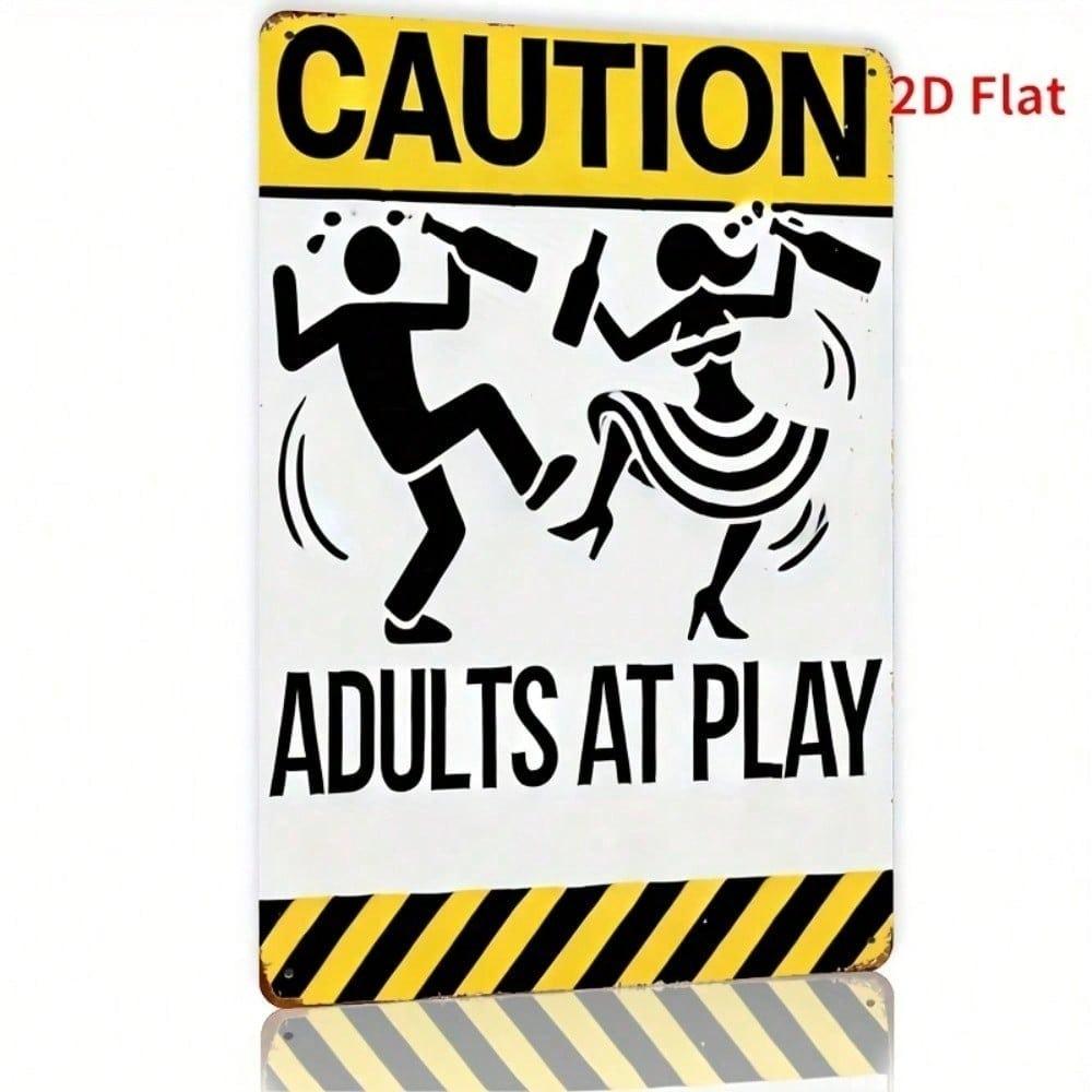 Funny Vintage Metal Wall Sign Adults At Play Caution Silhouette Iron Home Decor 8x12 Inch