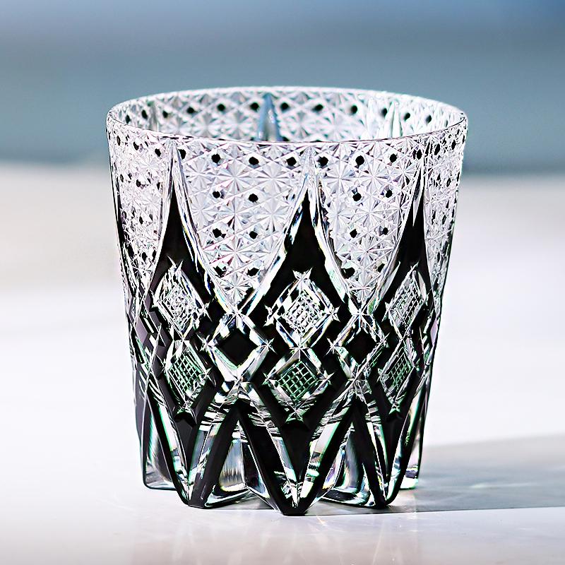 Handcrafts Edo Kiriko Style Black Green Old Fashioned Whiskey Glasses Bar Ware 320ml