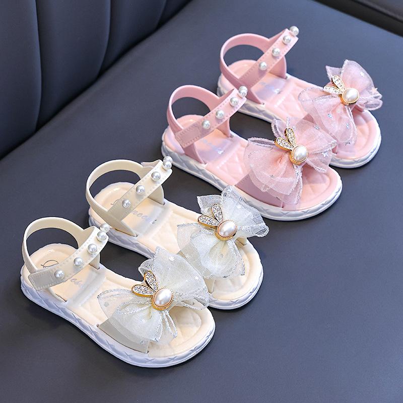 Summer Bow Beading Decoration Sandals For Girls Princess Style Children Slippers Non-slip Seabeach Flip Flops Home Kids Shoes