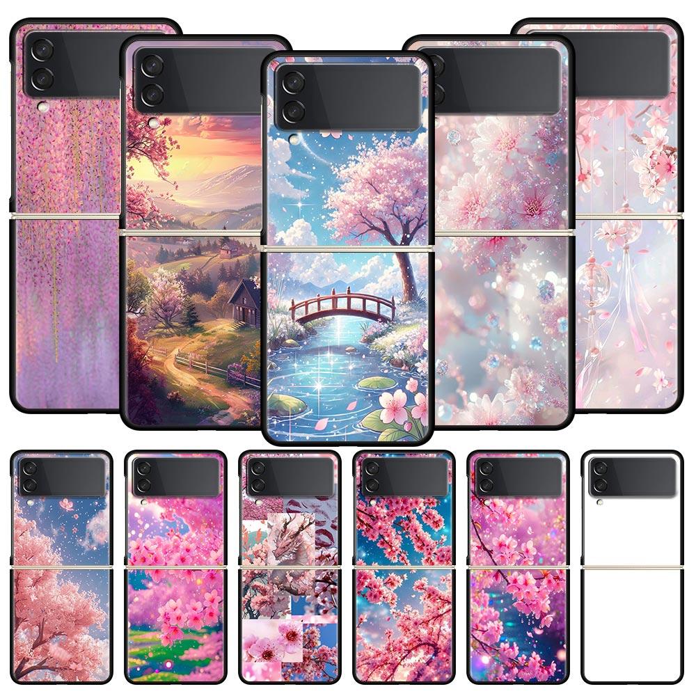 Korean Flower Hard PC Phone Case For Samsung Galaxy Z Flip 7 6 5 4 Black Cover For Galaxy Z Flip 3 Foldable Shell Fundas Capas