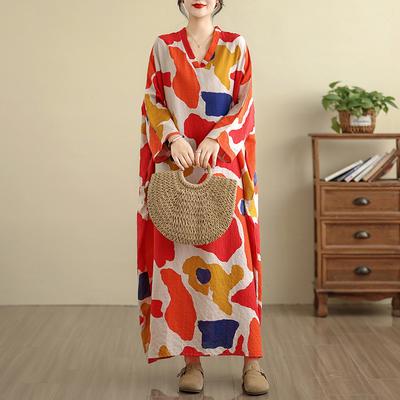 DIMANAF 2025 Women Plus Size Spring Long Dress Loose V-Neck Printing Vintage Casual Floral Oversize Long Sleeve 5036