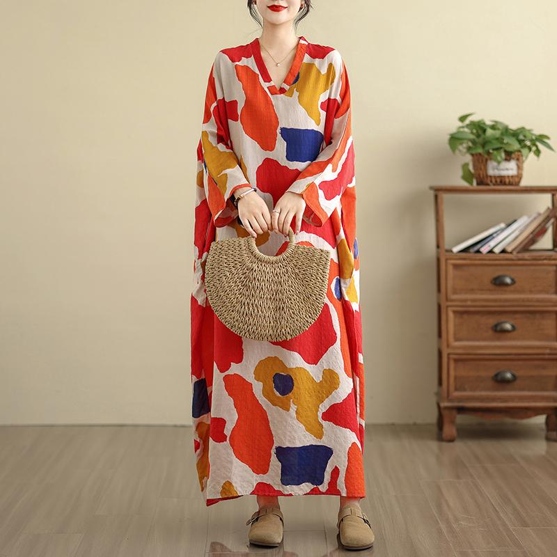 Dimanaf 2025 Women Plus Size Spring Long Dress Loose V-Neck Printing Vintage Casual Floral Oversize Long Sleeve 5036
