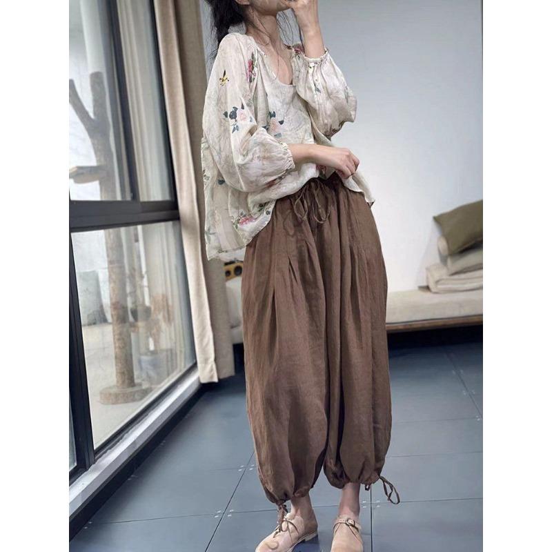 Women's Floral Print Linen Blouse V Neck Puff Long Sleeve Sheer Casual Top