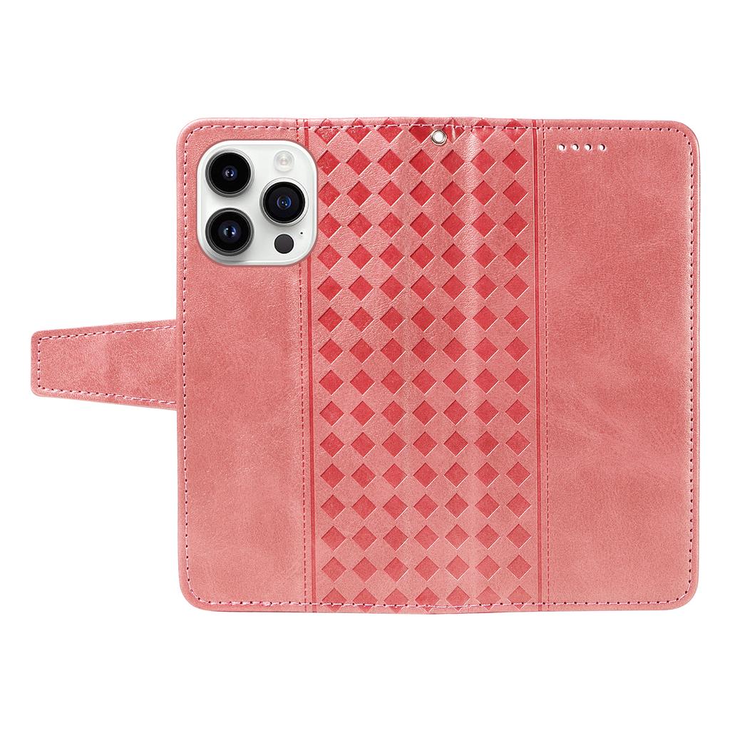 For iPhone 14 Pro Max Leather Case Wallet Stand Grids Imprinted Phone Cover with Strap