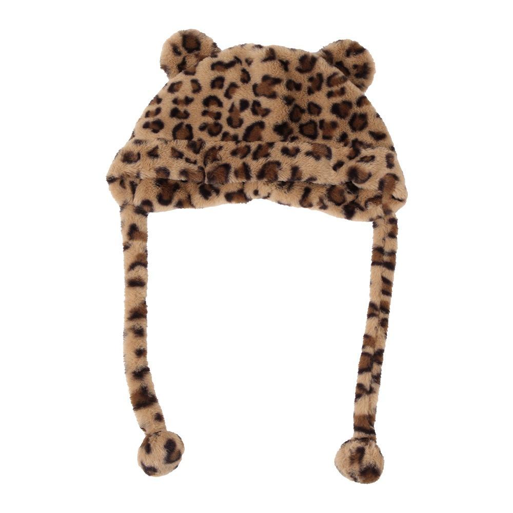 Fashion Design Plush Bear Hat Leopard Print Ear Protection Hat Warm Cartoon Fleece Hat  Girls