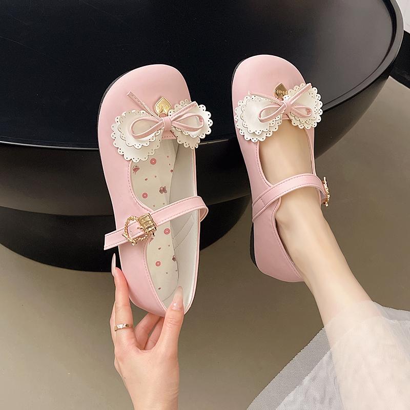 

Cute Sweet Lolita Shoes Women s High Heels Chunky Heel Footwears Butterfly Knot Metal Buckle Soft Sole Non-slip Loafers 35 розовый
