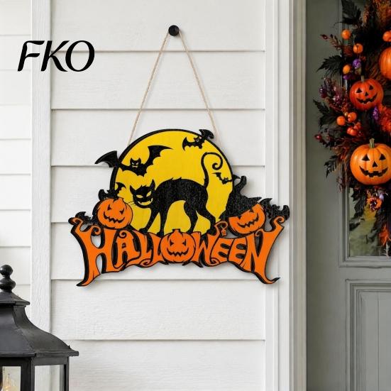 Retro Moon Wall Ornament Halloween Wood Door Hanger Sign, Pumpkin And Black Cat Printed, with Hemp Decorative Entryway Hanging Board Rope