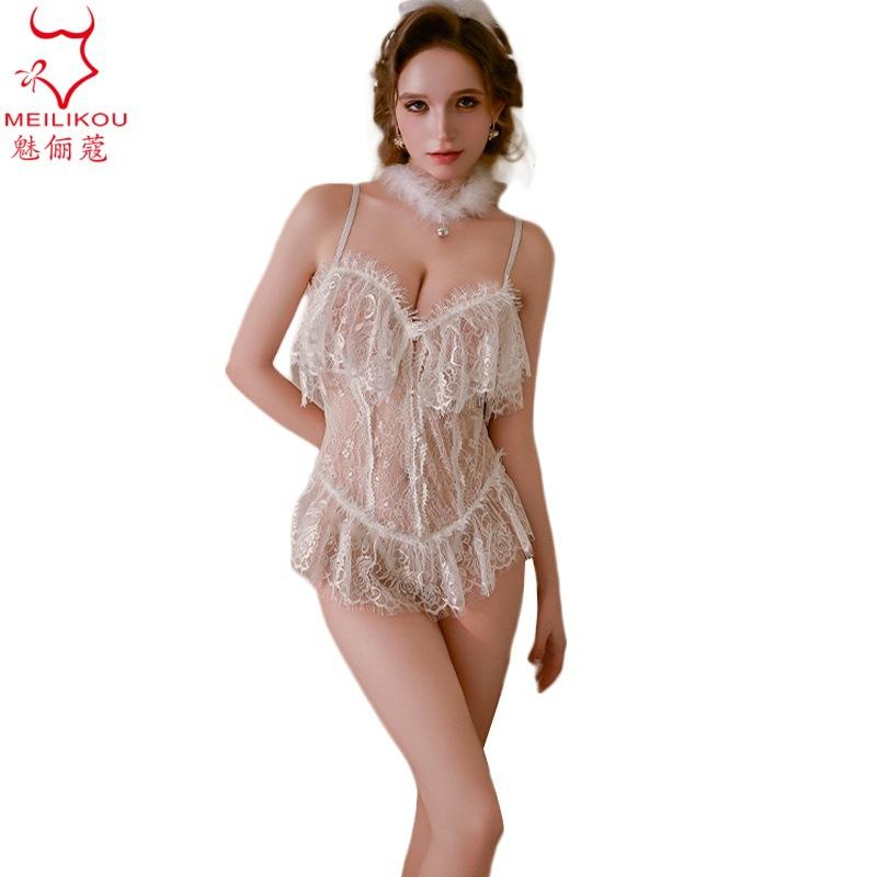 Sexy pajamas women's French spring and autumn models, high-end lace free suspender one-piece underwear bunny girl set