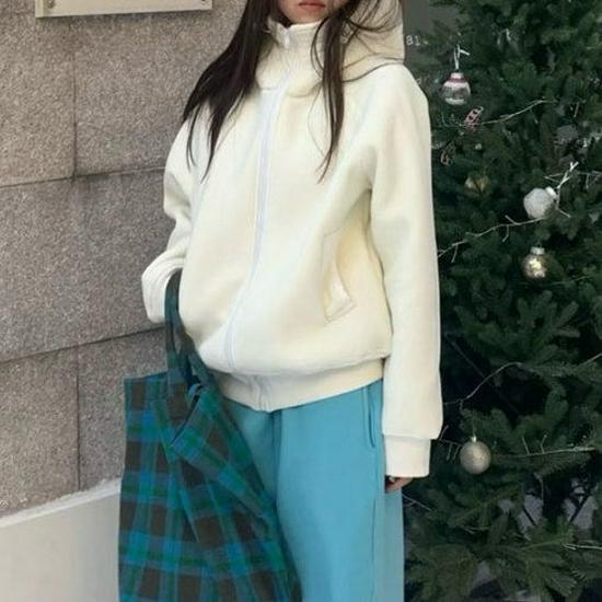 Retro American Patchwork High Collar Hooded Zipper Jacket - Off-White M грязно-белый