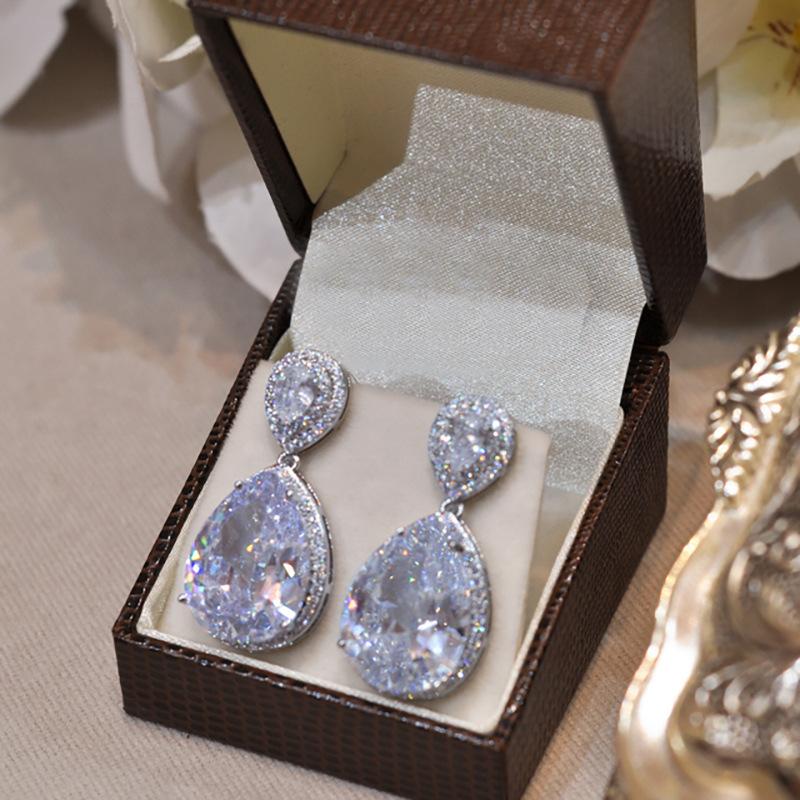 Round Top Halo + Big Pear Cut Center Cubic Zirconia Dangle Earrings Full Pave Frame Silver Tone Formal Banquet Ladies Accessories